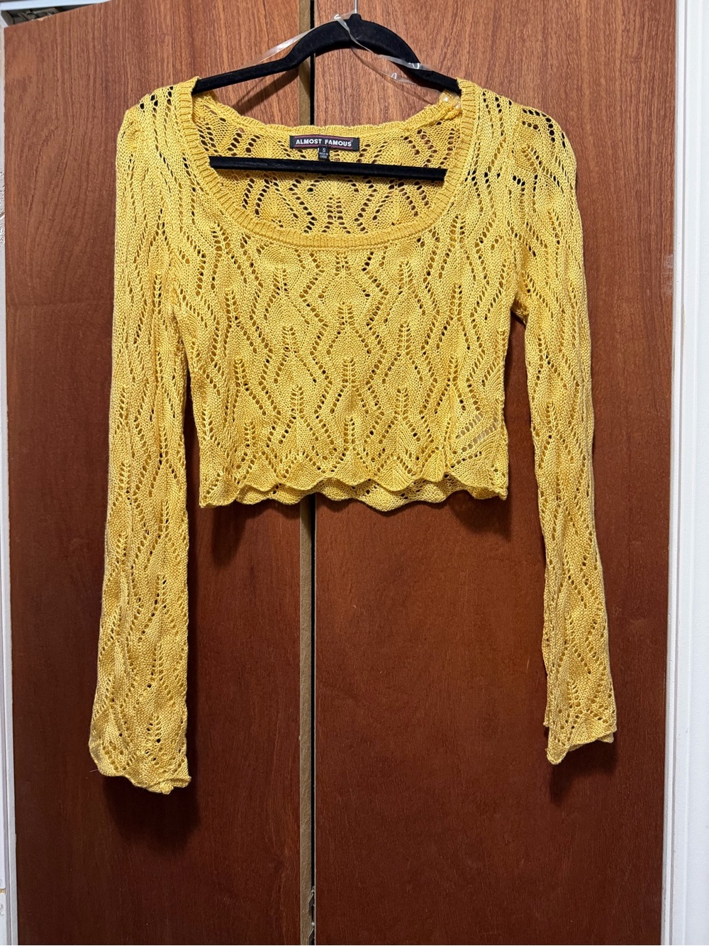 Almost Famous Mustard Yellow Cropped Openwork Knit Top